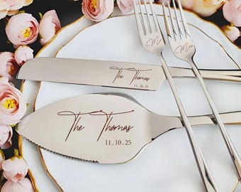 Personalized Wedding Cake Cutting Set with Engraved Knife Server Forks for Bride Groom Gift, Custom Date Name Keepsake Silver Flatware