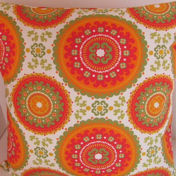 Coral suzani 18x18 inches throw pillow cover in cotton with orange and green suzani print