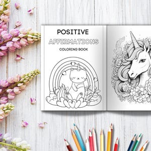 Livre de coloriage Anti-stress – Affirmations Positives avec Licornes et Chats Téléchargement Instantané PNG pour Enfants