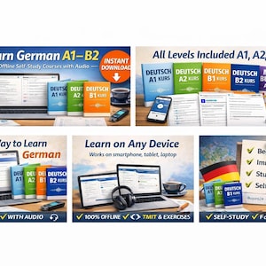 May include: Promotional image for German language learning courses. The image features laptops, smartphones, books, and the German flag. The text includes "Learn German A1-B2" and "All Levels Included A1, A2, B1 & B2".