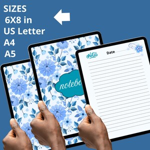 May include: Notebooks with floral designs in blue and white. The notebooks are available in various sizes, including 6x8 inches, US Letter, A4, and A5. One notebook has lined pages with the word "Notes" and "Date" at the top.