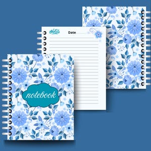 May include: Notebooks with floral designs. The covers and inside pages feature a blue floral pattern on a white background. One notebook has the word "notebook" in a teal cloud-shaped text box. The inside pages have lines for writing and the word "Notes" at the top.
