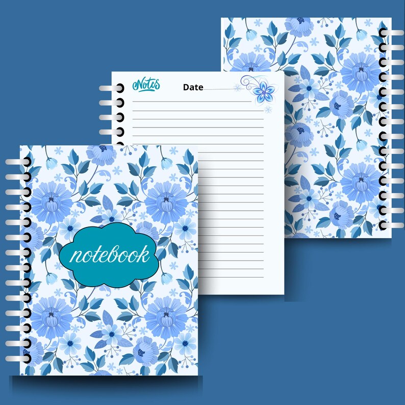 May include: Notebooks with floral designs. The covers and inside pages feature a blue floral pattern on a white background. One notebook has the word "notebook" in a teal cloud-shaped text box. The inside pages have lines for writing and the word "Notes" at the top.