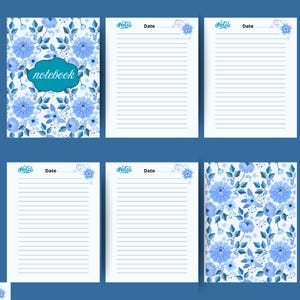 May include: A set of notebooks with a blue floral design. The cover of one notebook has the word "notebook" in a teal cloud-shaped text box. The pages are lined with space for notes and the date.
