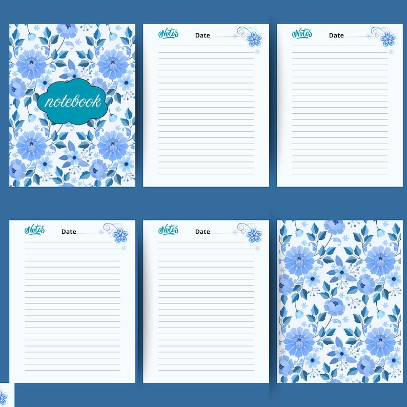 May include: A set of notebooks with a blue floral design. The cover of one notebook has the word "notebook" in a teal cloud-shaped text box. The pages are lined with space for notes and the date.