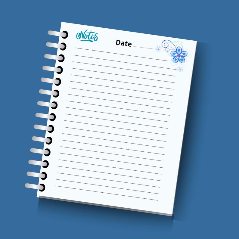 May include: A spiral-bound notebook with lined pages. The top of the page has the word "Notes" in teal script, the word "Date", and a blue floral design. The notebook is on a blue background.