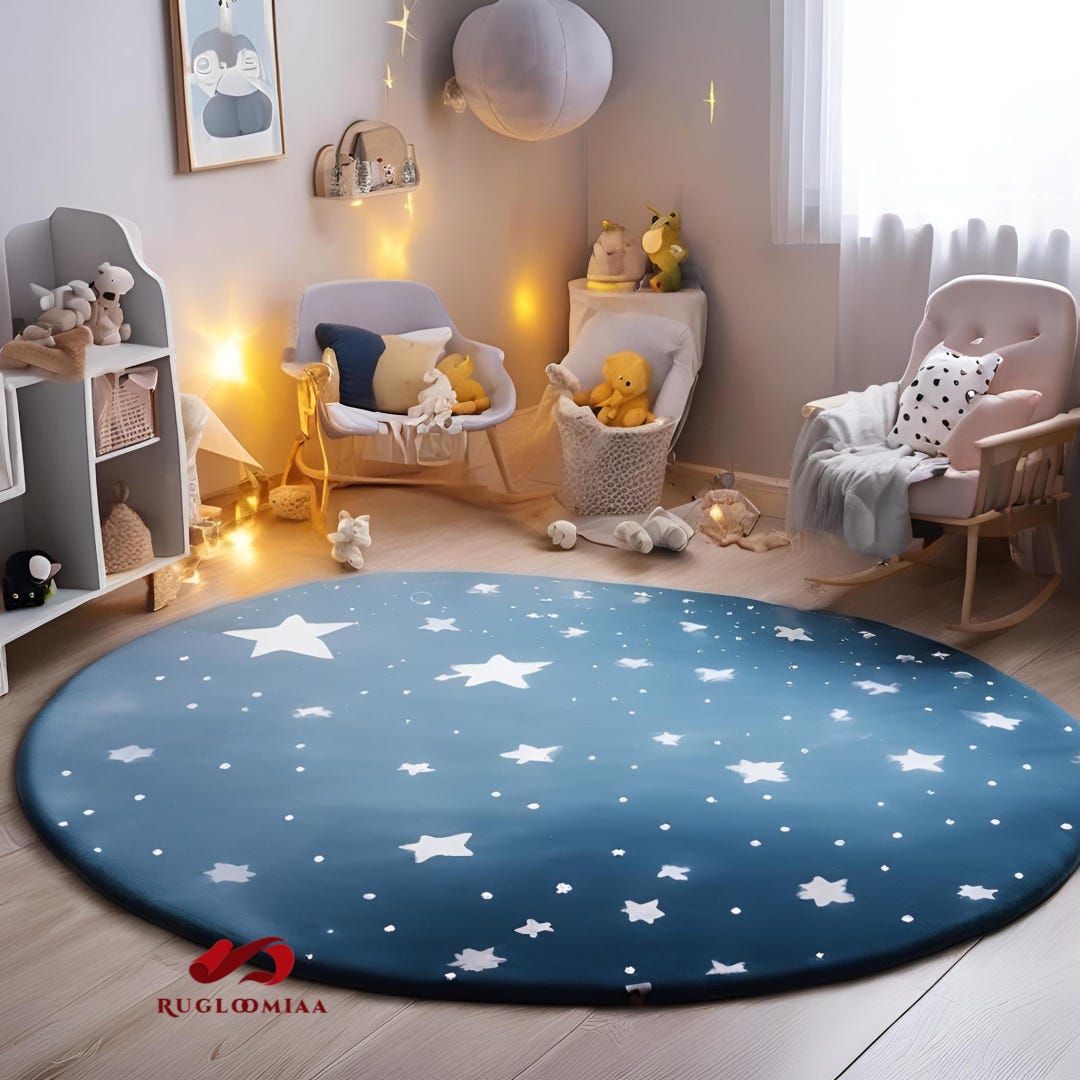 Small Star Rug Round Blue Star Rug – Hand-tufted Wool Celestial Carpet for Nursery ...
