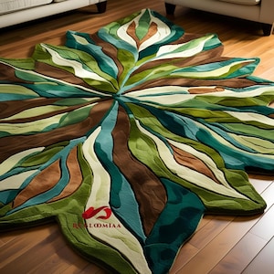 Botanical Green Leaf Hand-Tufted Wool Rug - Nature inspired Organic theme Living Room Carpet and rugs