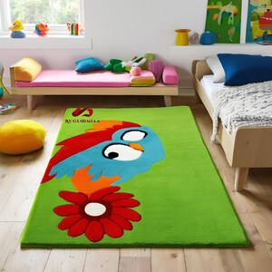 Alfombra de lana con mechones, estampado de gorriones, pájaros y flores. La mejor calidad. Envío gratuito. Alfombra apta para mascotas. Alfombra fácil de limpiar.