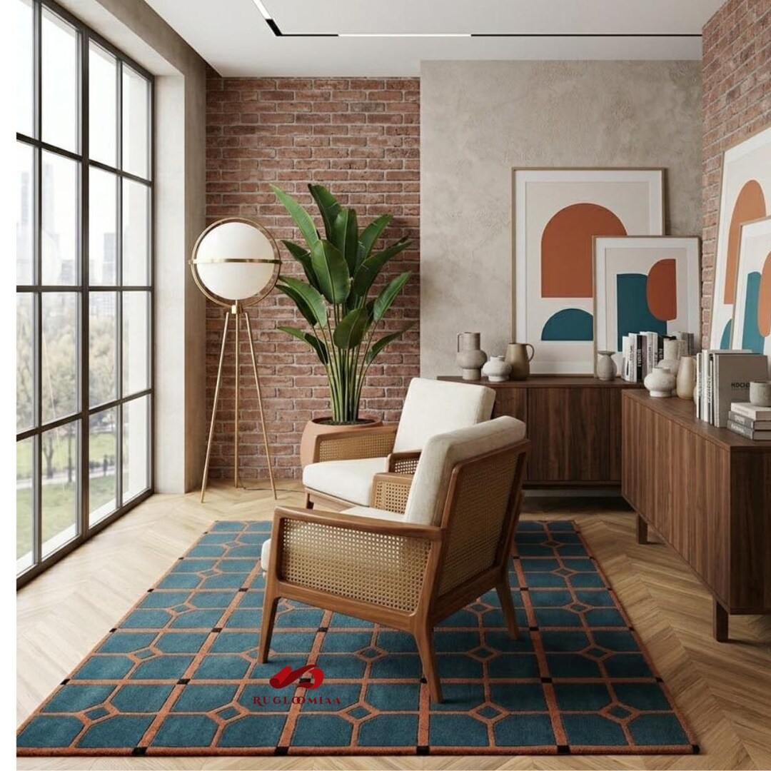 Hand-tufted Geometric Teal Wool Area Rug – Modern Living Room Carpet - Etsy