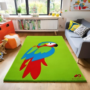 Bonita alfombra de lana con mechones y estampado de pájaro loro para cualquier habitación. La mejor calidad. Envío gratuito. Alfombra apta para mascotas. Alfombra fácil de limpiar. Alfombra para renovación del hogar.