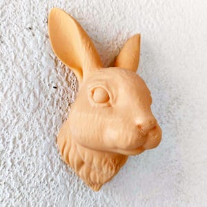 Op de afbeelding: Perzik kleurige konijnenkop sculptuur met gedetailleerde vacht en gezichtskenmerken. De sculptuur is bevestigd aan een getextureerde witte muur, met de oren, ogen en neus van het konijn. Dit decoratieve stuk voegt een vleugje vrolijkheid toe.