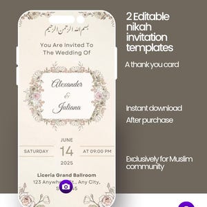 Lot de modèles d'invitations Nikah modifiables | Faire-part de mariage islamique | de remerciements | Citation coranique | Téléchargement numérique sur toile