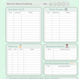 Może przedstawiać: Jasnozielony tracker dla dziecka z tytułem "Daily Baby Tracker". Zawiera sekcje do rejestrowania imienia dziecka, daty, nastroju, karmienia, zmian pieluch, snu, leków i aktywności.