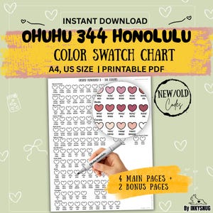 May include: A printable A4 PDF colour swatch chart for Ohuhu 344 Honolulu markers. The chart features a colour palette with various shades of reds, corals, and other colours. The design includes the text "Instant Download" and "Color Swatch Chart".