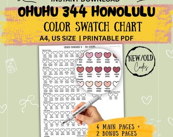 Ohuhu Honolulu 344 Tabella dei campioni di colore / Nuovi, vecchi codici / Download immediato in PDF