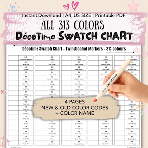 Könnte beinhalten: Druckbare DécoTime-Farbtabelle mit 313 Farben für Twin-Alkoholmarker. Die Tabelle enthält Farbnamen und -codes, mit einer Hand, die einen DécoTime-Marker hält. Erhältlich in A4- und US-Größen.