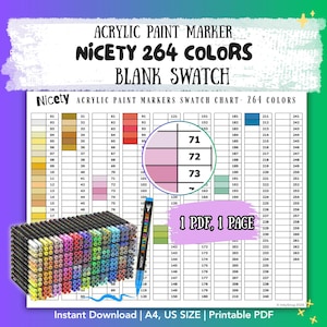 以下が含まれることがあります： Nicety 264色アクリルペイントマーカー用の印刷可能なPDFカラーチャート。ドキュメントには番号付きのボックスがあるグリッド、71から73までの番号の円形拡大図、および1本の青いアクリルマーカーが表示されています。