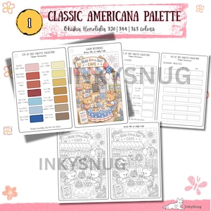 May include: A digital coloring page set titled Classic Americana Palette featuring Ohuhu Honolulu markers 320, 344, and 363. Includes color swatches, a reference illustration of bears at a 4th of July cafe, blending practice charts, and line art.