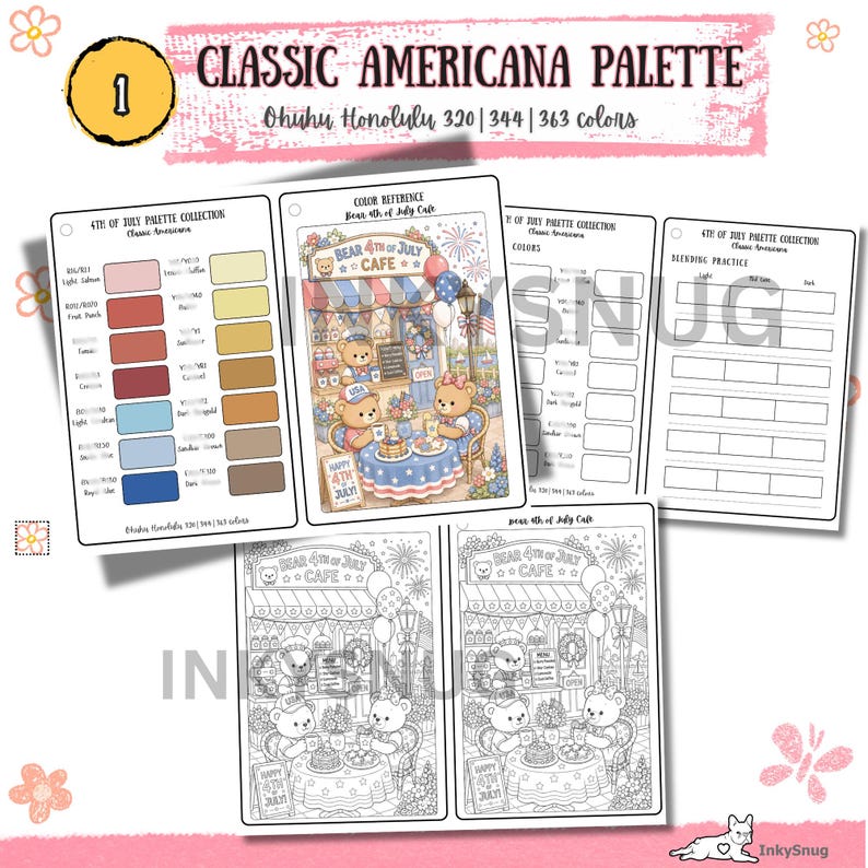May include: A digital coloring page set titled Classic Americana Palette featuring Ohuhu Honolulu markers 320, 344, and 363. Includes color swatches, a reference illustration of bears at a 4th of July cafe, blending practice charts, and line art.