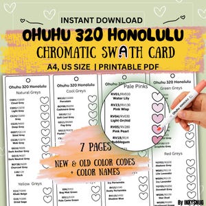 May include: A printable PDF chromatic swatch card for Ohuhu 320 Honolulu markers. The card features color names and codes, including natural greys, cool greys, pale pinks, green greys, red greys, and yellow greys. The card is A4 and US size.