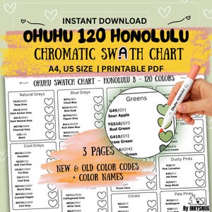 Könnte beinhalten: Ein druckbares chromatisches Farbtafel-PDF für Ohuhu 120 Honolulu Marker. Die Tabelle enthält Farbnamen und -codes, organisiert nach Farbfamilien wie Natural Greys, Blue Greys und Greens. Die Tabelle ist im A4-Format.