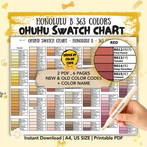 May include: A color swatch chart titled "Honolulu B 363 Colors" with the text "Ohuhu Swatch Chart." The chart displays color codes and names, including "Fruit Punch" and "Crimson." A hand holds a marker labeled "Ohuhu Honolulu."