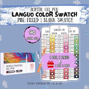 May include: An image showcasing an acrylic gel pen set with 90 colours. The image includes colour swatches, a box of pens, and the text "LANGUO COLOR SWATCH". The set includes pre-filled and blank swatch options, with a bonus PDF.