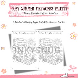 May include: Two identical printable coloring pages featuring a teddy bear sitting on a picnic blanket with fireworks, balloons, and a sign reading Happy 4th of July Cozy Summer Fireworks. The header text reads Cozy Summer Fireworks Palette.