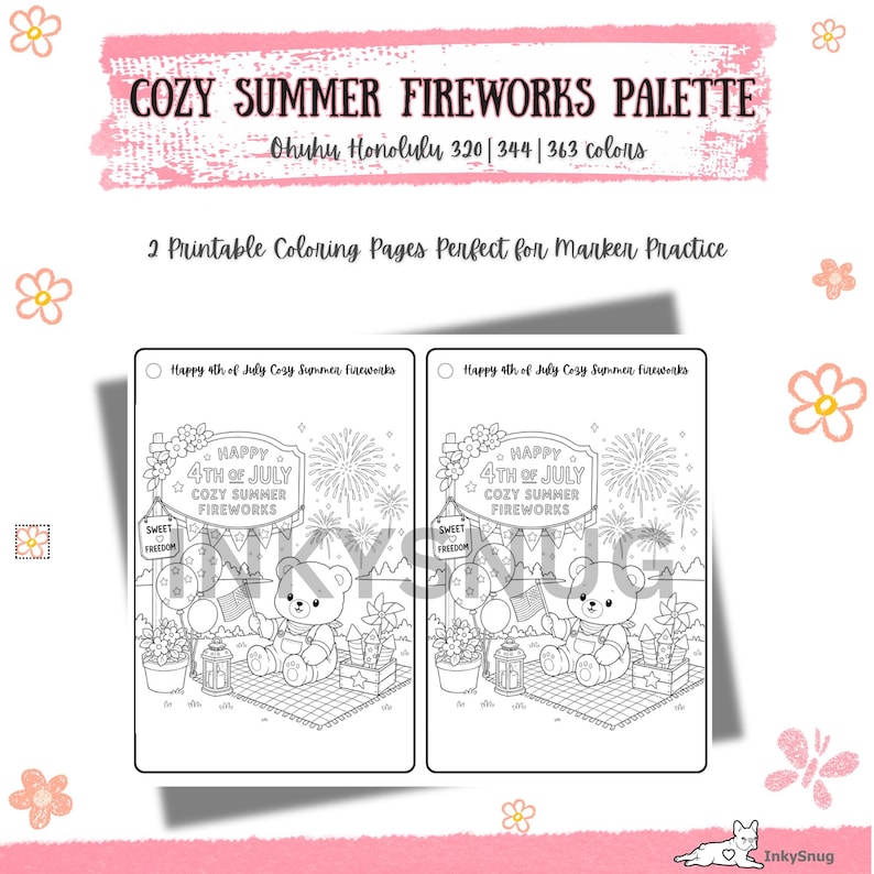 May include: Two identical printable coloring pages featuring a teddy bear sitting on a picnic blanket with fireworks, balloons, and a sign reading Happy 4th of July Cozy Summer Fireworks. The header text reads Cozy Summer Fireworks Palette.