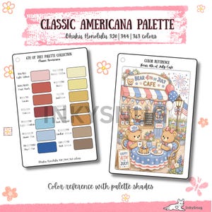 May include: Two rectangular cards featuring a Classic Americana palette. The left card lists Ohuhu Honolulu marker colors with swatches in red, blue, and yellow tones. The right card displays a Bear 4th of July Cafe illustration with bears.