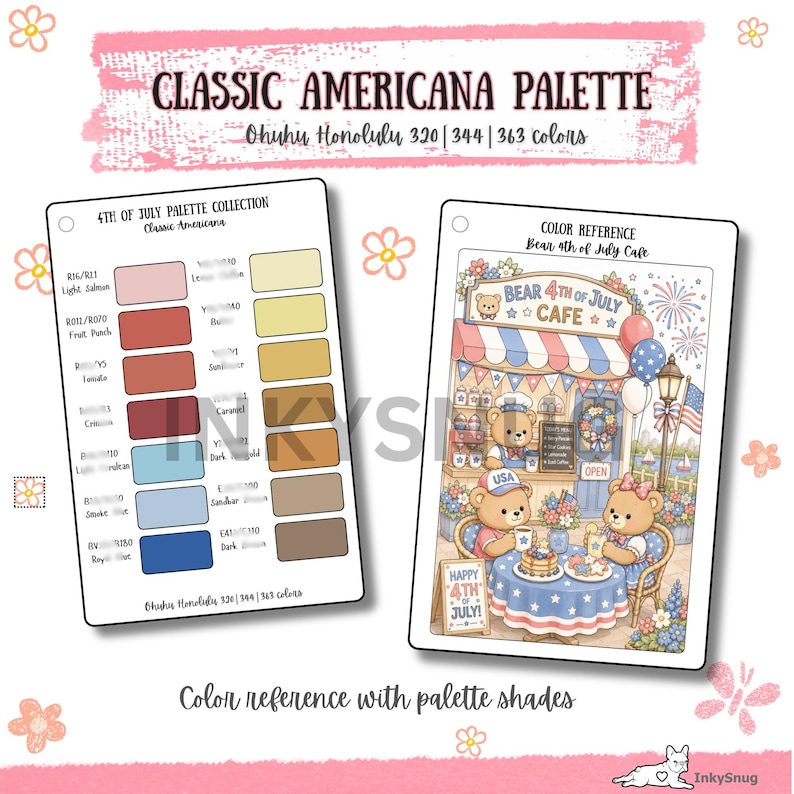 May include: Two rectangular cards featuring a Classic Americana palette. The left card lists Ohuhu Honolulu marker colors with swatches in red, blue, and yellow tones. The right card displays a Bear 4th of July Cafe illustration with bears.