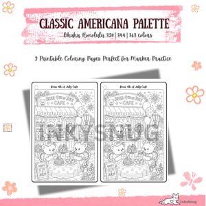 May include: Two identical printable coloring pages titled Bear 4th of July Cafe featuring bears in a cafe setting with fireworks, balloons, and a menu. The header text reads Classic Americana Palette, Ohuhu Honolulu 320, 344, 363 colors.