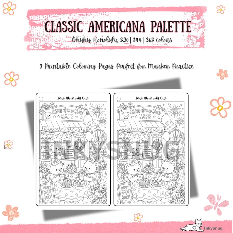 May include: Two identical printable coloring pages titled Bear 4th of July Cafe featuring bears in a cafe setting with fireworks, balloons, and a menu. The header text reads Classic Americana Palette, Ohuhu Honolulu 320, 344, 363 colors.