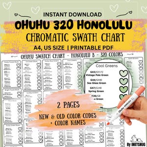 Op de afbeelding: Een afdrukbare Ohuhu 320 Honolulu chromatische kleurenpalet. De kaart bevat 320 kleuren, kleurcodes en namen. Het ontwerp bevat kleurstalen, tekst en de woorden "Direct downloaden" en "A4, US Size | Printable PDF."