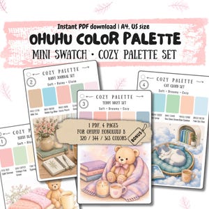 Può includere: Un set di mini campioni di tavolozza colori Ohuhu in formato PDF. Il documento presenta quattro pagine con blocchi di colori pastello e illustrazioni sotto il titolo Cozy Palette, inclusi i set Rainy Journal, Teddy Night e Cat Cloud.