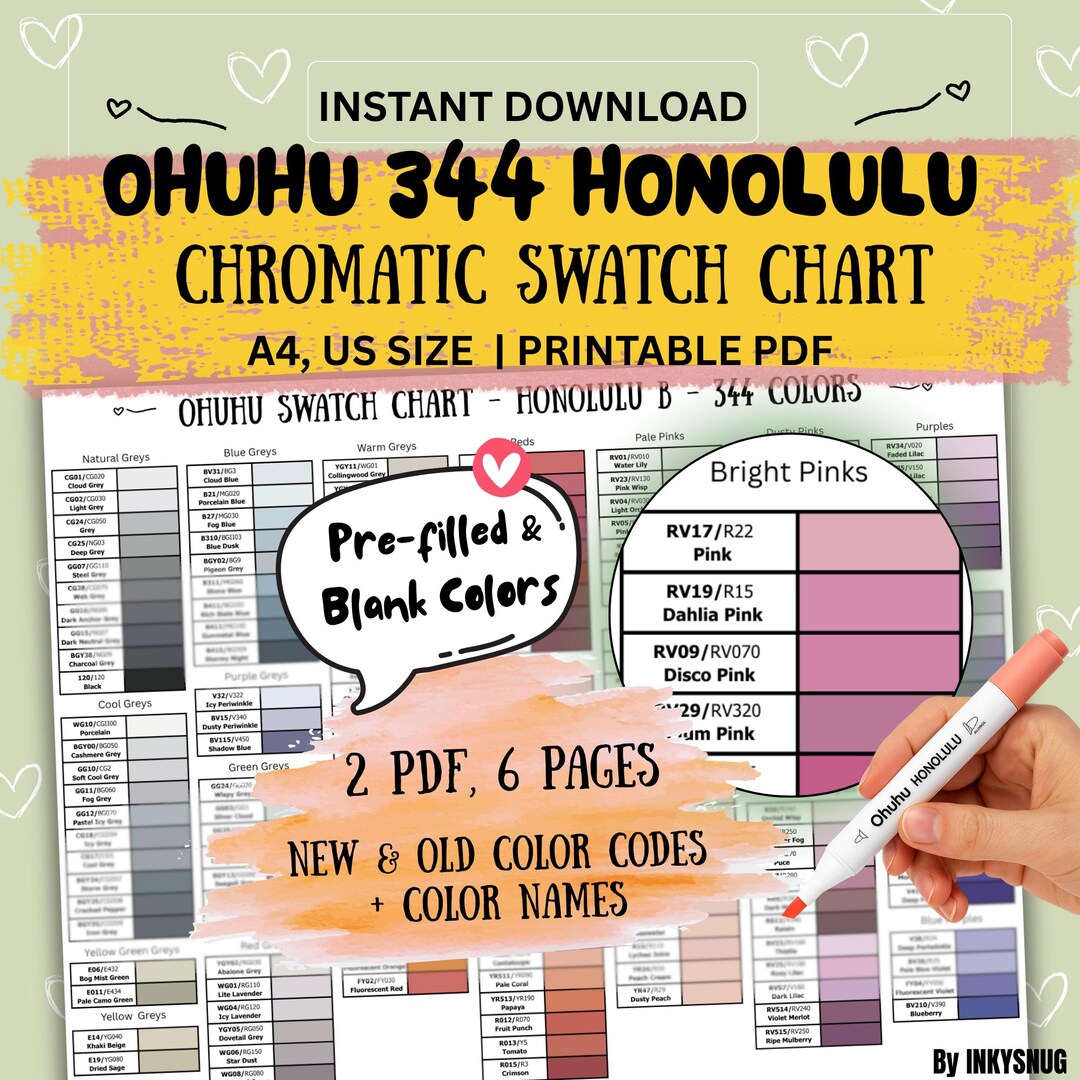 Pre-filled Ohuhu Honolulu 344 Color Chromatic Swatch Chart | New, Old ...