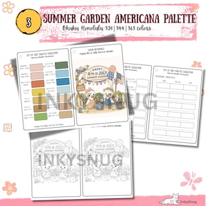 May include: A Summer Garden Americana palette set featuring Ohuhu Honolulu color swatches, a color reference sheet with two ducks in a garden, and a blending practice chart. The pages include text such as Happy 4th of July Summer Garden.