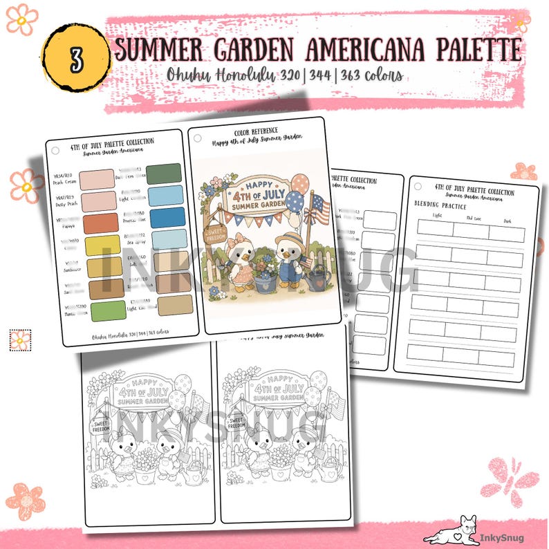May include: A Summer Garden Americana palette set featuring Ohuhu Honolulu color swatches, a color reference sheet with two ducks in a garden, and a blending practice chart. The pages include text such as Happy 4th of July Summer Garden.
