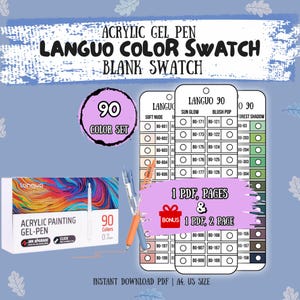 Puede incluir: Un juego de muestras de color de bolígrafos de gel acrílico Languo con 90 colores. La imagen incluye una caja de bolígrafos, cartas de colores y el texto "Acrylic Gel Pen Languo Color Swatch Blank Swatch". El juego incluye un PDF de bonificación.