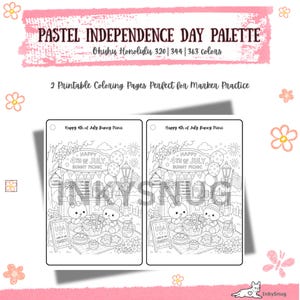May include: Two identical printable coloring pages titled Happy 4th of July Bunny Picnic featuring two bunnies having a picnic with a sign that says USA Land of the Sweet, a picnic menu, balloons, and a lamp post, all set against a pastel pink background.