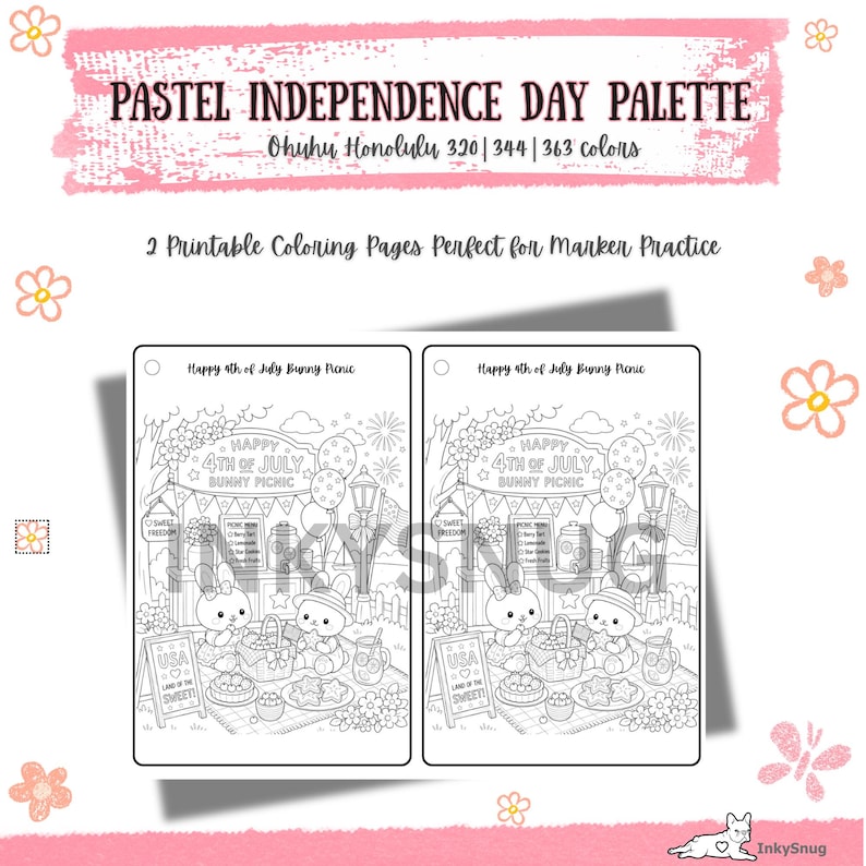 May include: Two identical printable coloring pages titled Happy 4th of July Bunny Picnic featuring two bunnies having a picnic with a sign that says USA Land of the Sweet, a picnic menu, balloons, and a lamp post, all set against a pastel pink background.