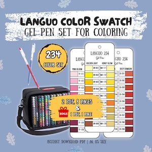 以下が含まれることがあります： 黒いジェルペンセット、234色入り。キャリングケース、カラースウォッチカード、テキスト「LANGUO COLOR SWATCH GEL PEN SET FOR COLORING」が含まれています。ボーナスPDFも含まれています。「INSTANT DOWNLOAD PDF | A4, US SIZE」のテキストも表示されています。