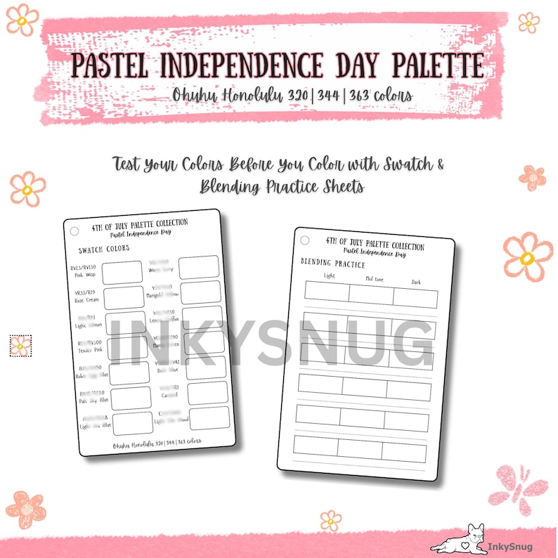 May include: A Pastel Independence Day Palette swatch and blending practice sheet set for Ohuhu Honolulu markers. The sheets feature printed text including 4th of July Palette Collection, Swatch Colors, and Blending Practice with empty boxes.