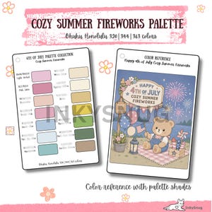 May include: A color reference card set titled Cozy Summer Fireworks Palette featuring Ohuhu Honolulu 320, 344, and 363 colors. The left card lists color codes and swatches, while the right card displays a cartoon bear with fireworks and text.