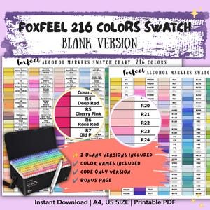 Può includere: Una cartella colori digitale Foxfeel da 216 tonalità in versione vuota per pennarelli a base di alcol. Il PDF stampabile include nomi dei colori, versioni solo con codici e una pagina bonus. Il layout presenta griglie organizzate.