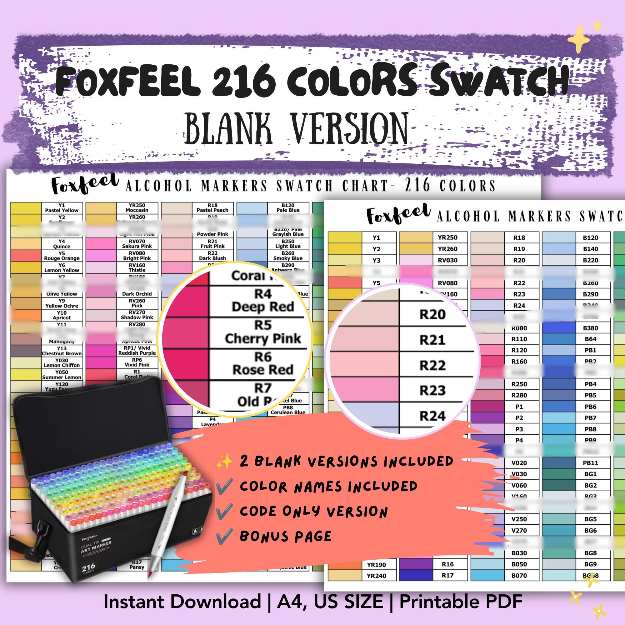 Foxfeel 216 Colors Alcohol Marker Swatch Chart | Blank Versions