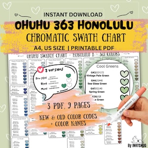 May include: A printable Ohuhu 363 Honolulu chromatic swatch chart. The chart includes 365 colors, color names, and color codes. The image shows a hand holding a marker over the chart. The chart is A4 and US size.