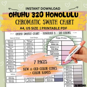 Könnte beinhalten: Ein druckbares Ohuhu 320 Honolulu Farbmuster-Diagramm im A4- und US-Format. Das Diagramm zeigt 320 Farben mit neuen und alten Farbcodes und -namen. Ein rosa Ohuhu Honolulu Marker zeigt auf eine rosa Farbe.