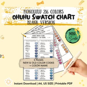 May include: A printable Ohuhu Honolulu 216 colours swatch chart blank version in A4 and US size. The document features five pages with colour codes and names, including a mini swatch section. A beige marker labelled Ohuhu Honolulu is visible.